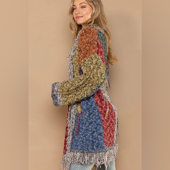 POL Women's Cream Tweed Wrap Cardigan Duster Bohemian Long Sleeve Fringe NWOT - Picture 8 of 9